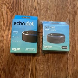New in box Echo Dot + Echo Dot Fabric Case